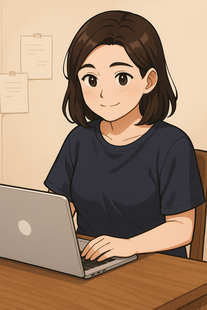 Junge Mutter sitzt am Pc und schreibt am Elternblog-Familienalltag