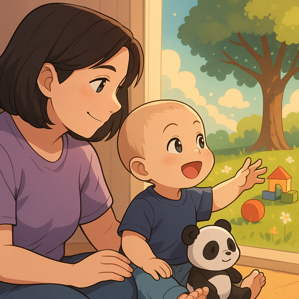 Mutter schaut zu ihrem Kind um die Welt wieder neu zu entdecken.