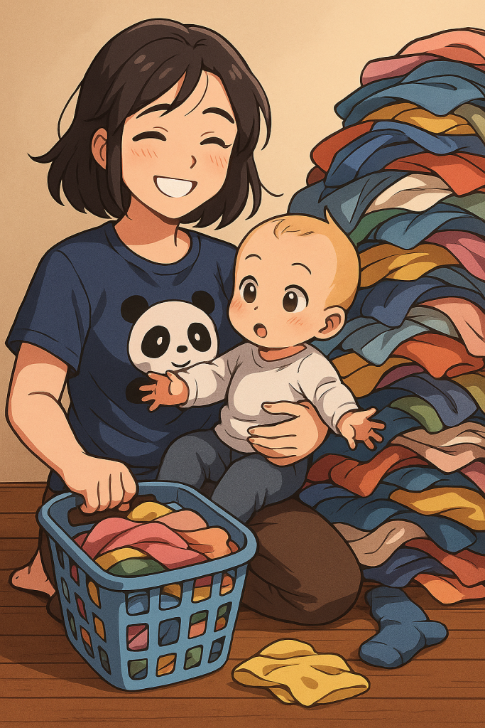 Mutter uns Sohn beim Wäsche sortieren