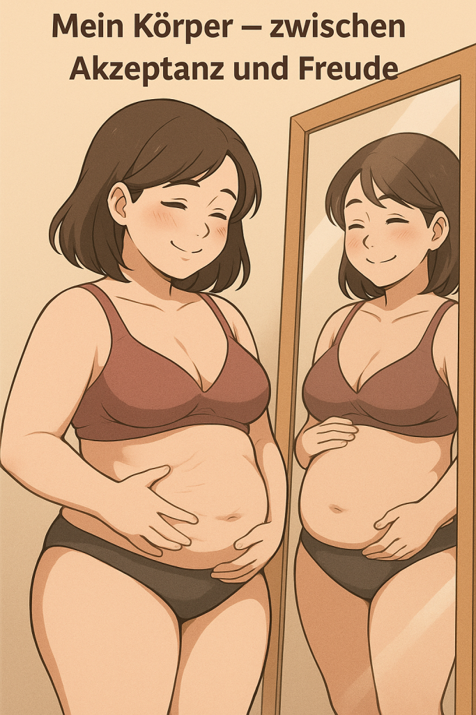 Junge Frau bestaunt stolz ihren ihren Körper nach der Schwangerschaft und Geburt