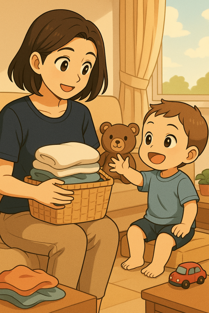 Mutter und Sohn verbringen gemeinsam Zeit im Haushalt.