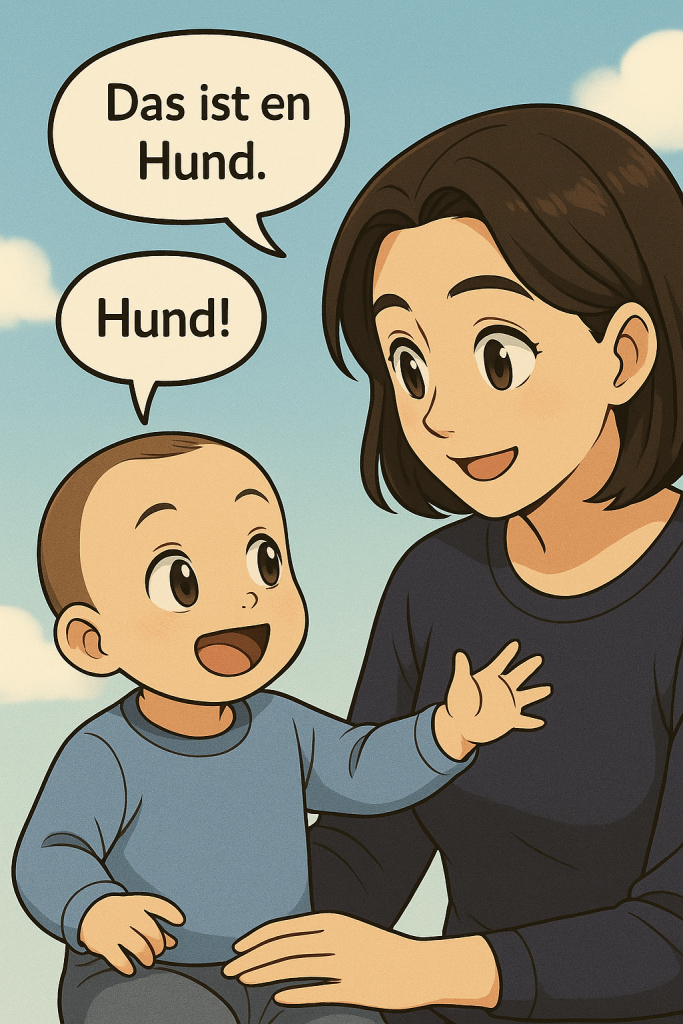Mutter spricht klar und liebevoll mit ihrem Baby und verwendet bewusst keine Babysprache – Anime-Stil-Illustration mit Fokus auf authentische Kommunikation.